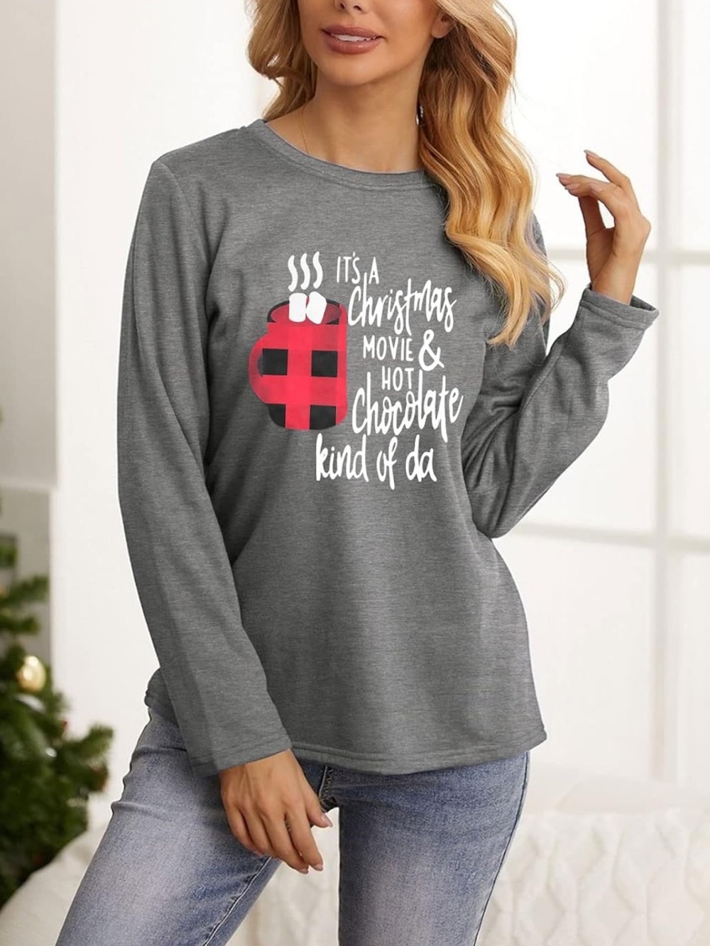 Christmas Movie & Hot Chocolate Graphic Tee Gray Long Sleeve Buffalo Plaid Large